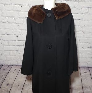 Vintage 1950s black wool and real fur collar coat